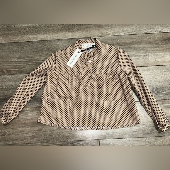 NWT Miss L Ray London Polka Dot Tan Beige Collarless Blouse - Picture 1 of 6